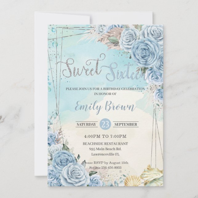 Baby blue Blommigt Beach Pampas Sweet 16 Birthday Inbjudningar (Framsida)