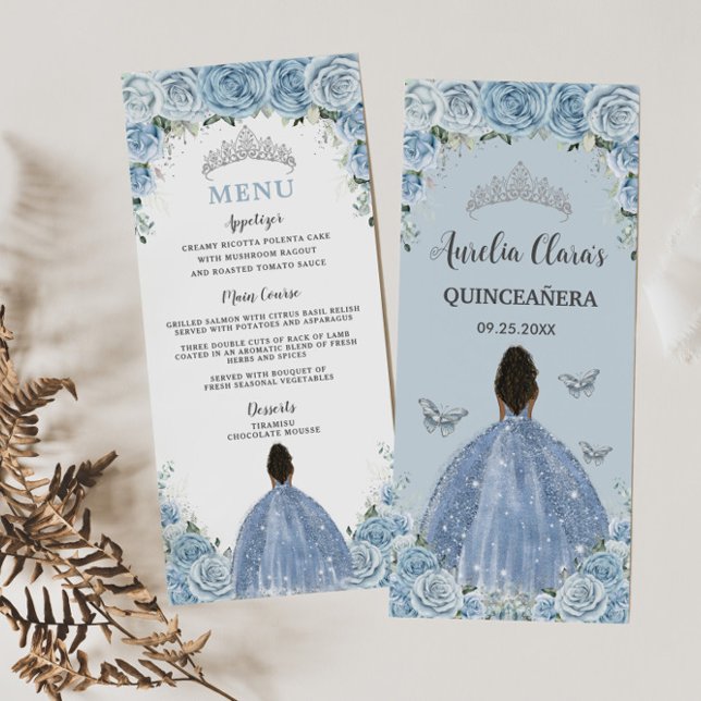 Baby blue Blommigt Brown Princess Quinceañera Menu Program (Skapare uppladdad)