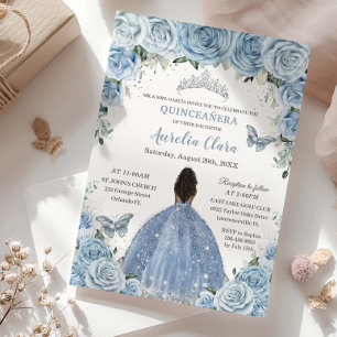 Baby blue Blommigt Brown Princess Silver Quinceañe Inbjudningar