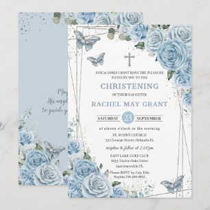 Baby blue Blommigt Butterflies Christening Baptism Inbjudningar