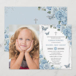 Baby blue Blommigt Butterflies Christening Baptism Inbjudningar