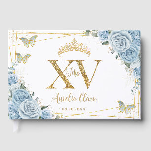 Baby blue Blommigt Butterflies Guld Quinceañera XV Gästböcker