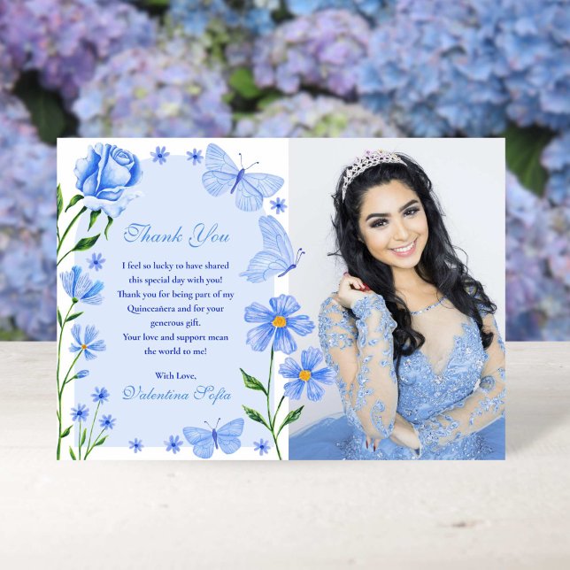 Baby blue Blommigt Butterflies Photo Quinceañera Tack Kort (Baby Blue Floral Butterflies Photo Quinceañera Thank You Card)