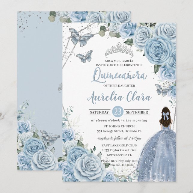 Baby blue Blommigt Butterflies Princess QUINCEAÑER Inbjudningar (Fram/baksida)