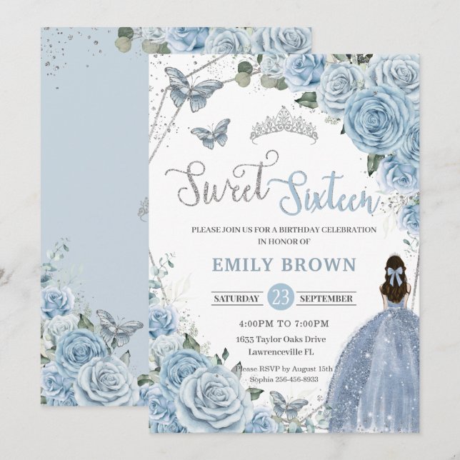 Baby blue Blommigt Butterflies Princess Sweet 16 Inbjudningar (Fram/baksida)