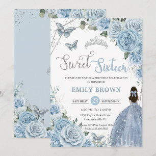 Baby blue Blommigt Butterflies Princess Sweet 16 Inbjudningar