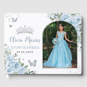Baby blue Blommigt Butterflies Quinceañera Photo Gästböcker
