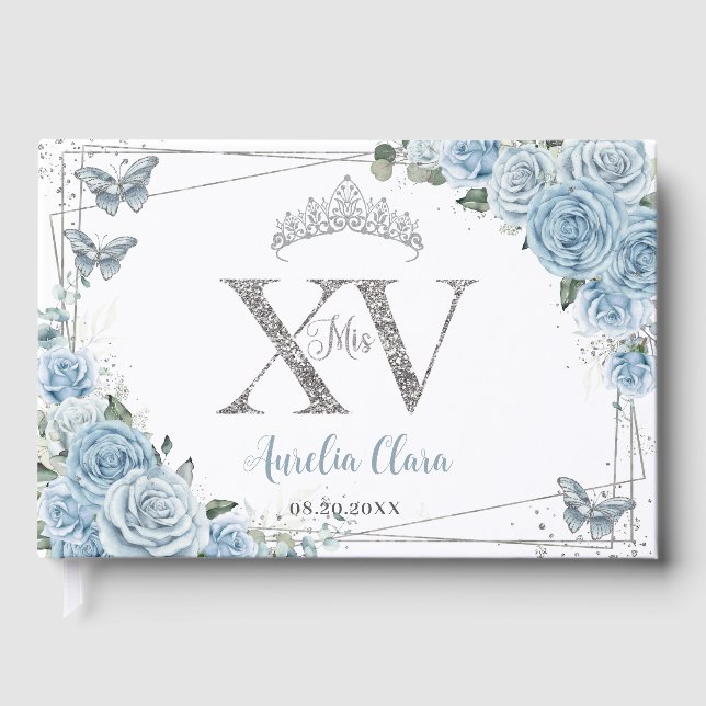 Baby blue Blommigt Butterflies Silver Quinceanera  Gästböcker (Framsida)