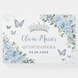 Baby blue Blommigt Butterflies Silver Quinceañera Gästböcker