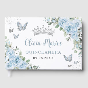 Baby blue Blommigt Butterflies Silver Quinceañera Gästböcker