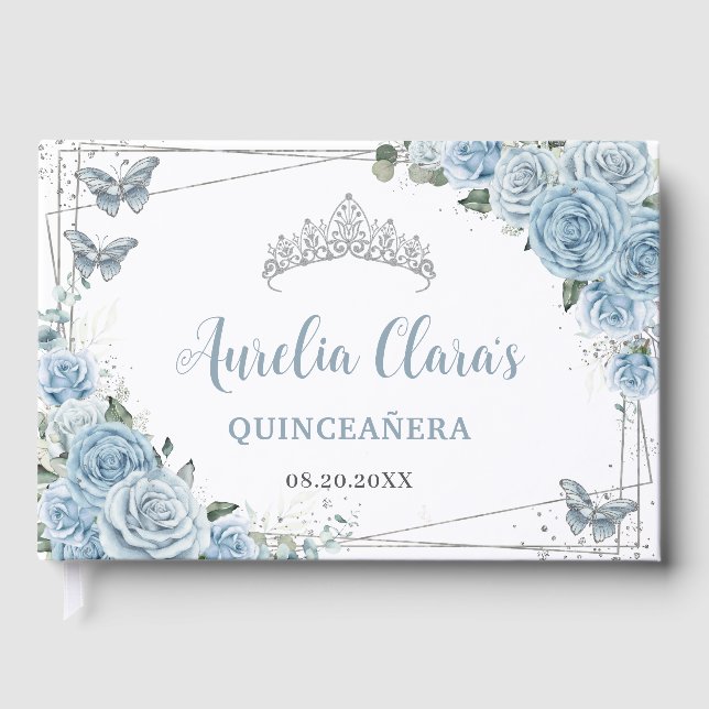 Baby blue Blommigt Butterflies Silver Quinceañera Gästböcker (Framsida)