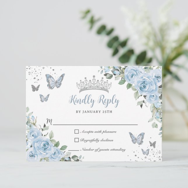 Baby blue Blommigt Butterflies Silver Quinceañera OSA Kort (Stående Fram)