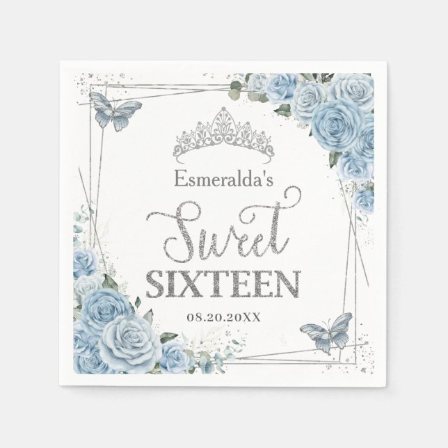 Baby blue Blommigt Butterflies Silver Sweet sixtee Pappersservett (Framsidan)
