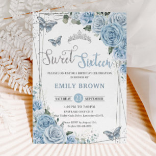 Baby blue Blommigt Butterflies Sweet sixteen 16:e Inbjudningar