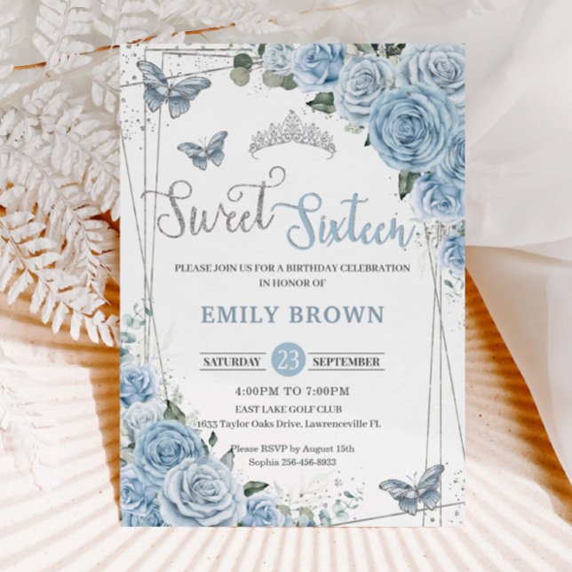 Baby blue Blommigt Butterflies Sweet sixteen 16:e Inbjudningar (baby blue floral sweet sixteen 16 birthday Cinderella butterflies silver geometric invitation cards)