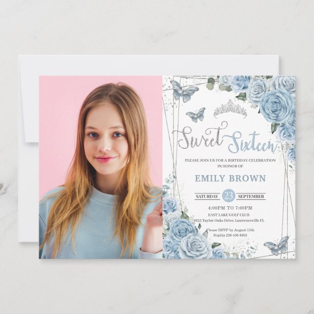 Baby blue Blommigt Butterflies Sweet sixteen 16 tu Inbjudningar (Framsida)