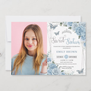 Baby blue Blommigt Butterflies Sweet sixteen 16 tu Inbjudningar