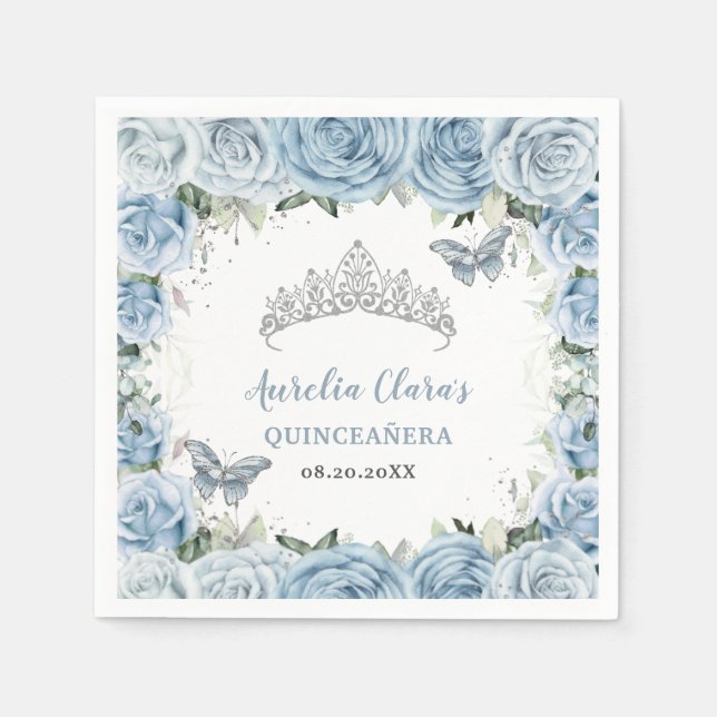 Baby blue Blommigt Butterflies Tiara QUINCEAÑERA Pappersservett (Framsidan)