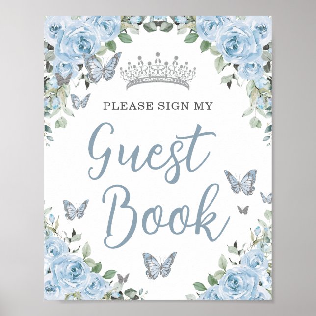 Baby blue Blommigt Butterfly Quinceañera Guest Bok Poster (Framsidan)