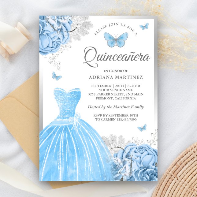 Baby blue Blommigt Butterfly Silver Quinceanera Inbjudningar (Skapare uppladdad)