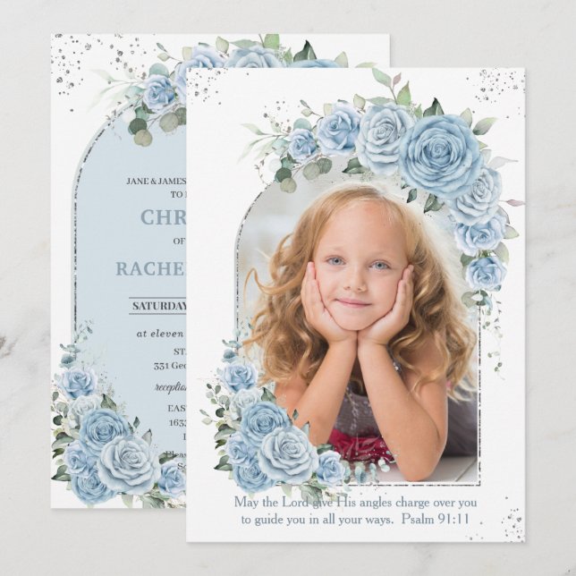 Baby blue Blommigt Christening Baptism Photo Arch Inbjudningar (Fram/baksida)