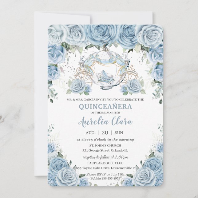 Baby blue Blommigt Cinderella Coach Quinceañera Inbjudningar (Framsida)