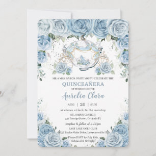 Baby blue Blommigt Cinderella Coach Quinceañera Inbjudningar