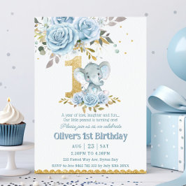Baby blue Blommigt Cute Elephant 1:a födelsedag Inbjudningar