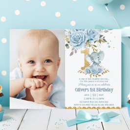 Baby blue Blommigt Cute Elephant 1:a födelsedagsfo Inbjudningar