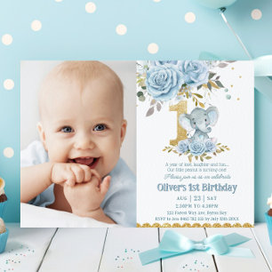 Baby blue Blommigt Cute Elephant 1:a födelsedagsfo Inbjudningar