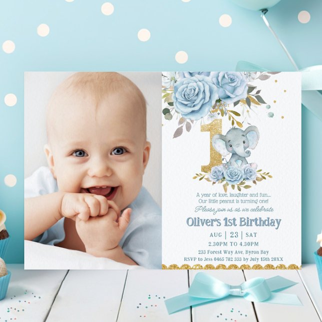 Baby blue Blommigt Cute Elephant 1:a födelsedagsfo Inbjudningar (Skapare uppladdad)