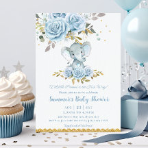 Baby blue Blommigt Cute Elephant Boy Shower