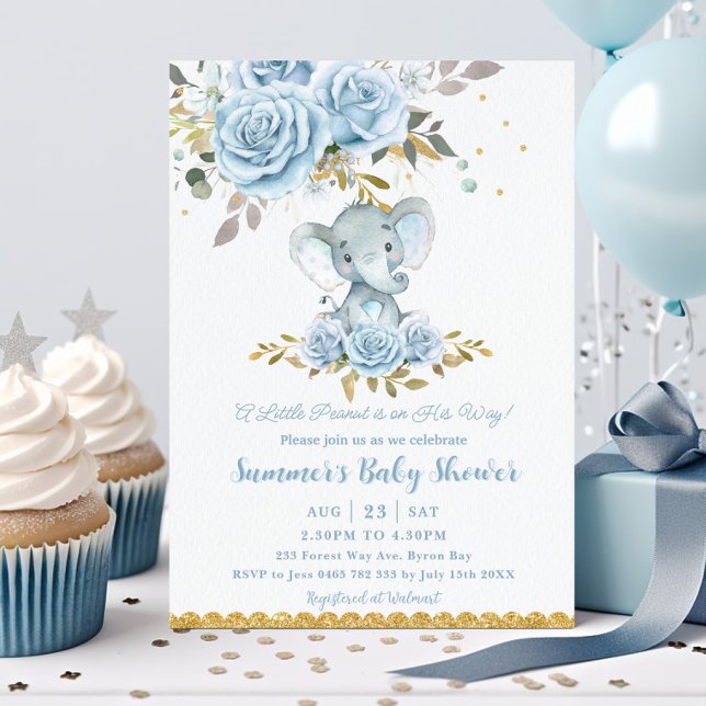 Baby blue Blommigt Cute Elephant Boy Shower Inbjudningar (Skapare uppladdad)