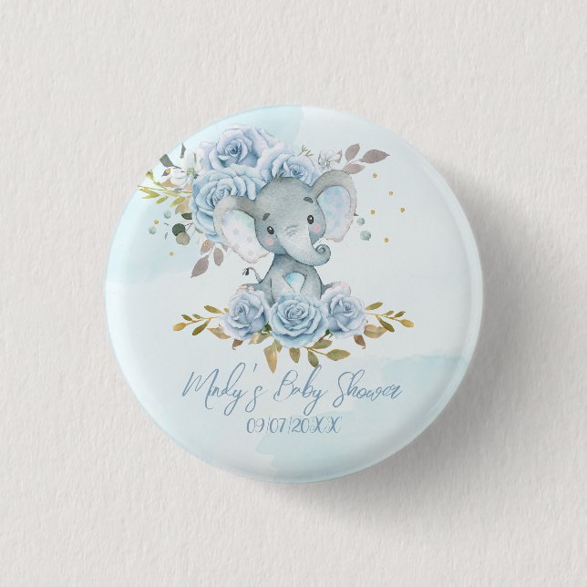 Baby blue Blommigt Cute Elephant Boy Shower Knapp (Framsida)