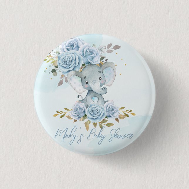 Baby blue Blommigt Cute Elephant Boy Shower Knapp (Framsida)
