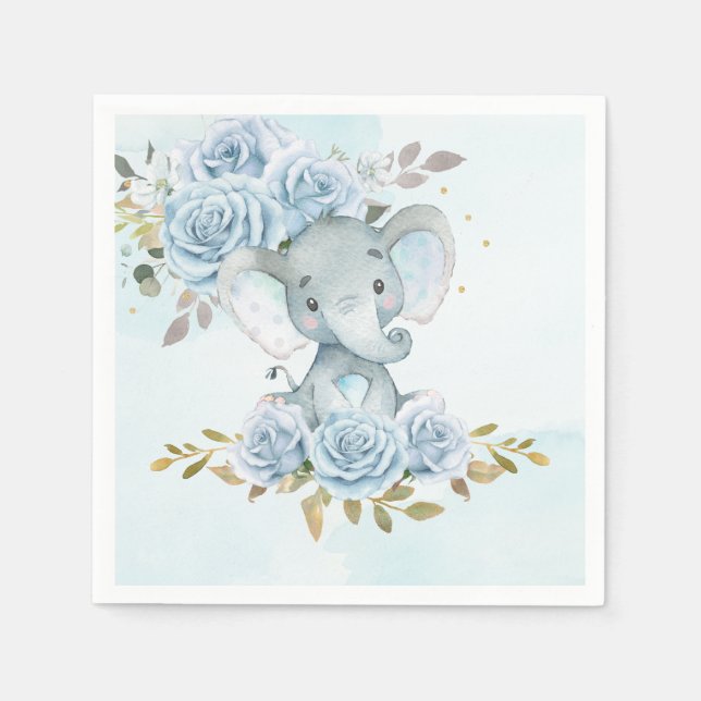 Baby blue Blommigt Cute Elephant Boy Shower Pappersservett (Framsidan)