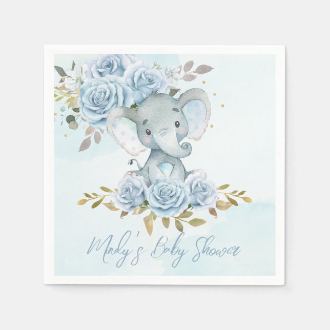 Baby blue Blommigt Cute Elephant Boy Shower Pappersservett (Framsidan)