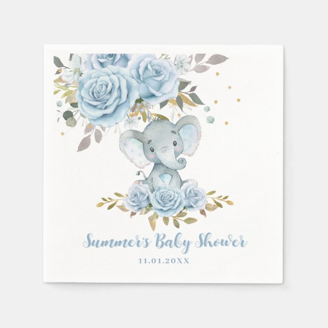 Baby blue Blommigt Cute Elephant Boy Shower Pappersservett (Framsidan)