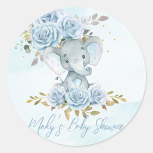 Baby blue Blommigt Cute Elephant Boy Shower Runt Klistermärke
