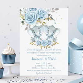 Baby blue Blommigt Cute Elephants Twillingars Baby Inbjudningar