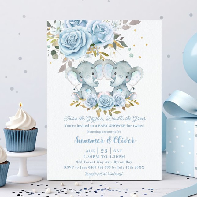 Baby blue Blommigt Cute Elephants Twillingars Baby Inbjudningar (Skapare uppladdad)