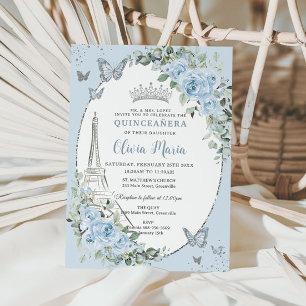 Baby blue Blommigt Eiffel Butterflies Quinceañera Inbjudningar