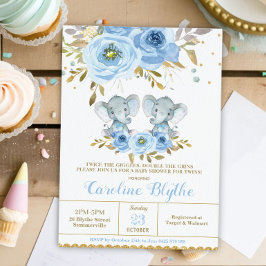Baby blue Blommigt Elephant Twin Boys Baby Shower Inbjudningar