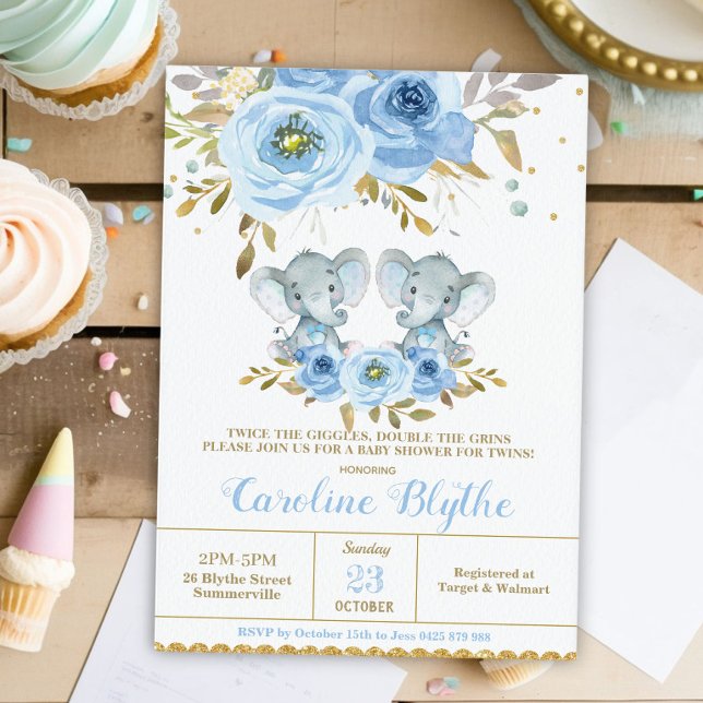 Baby blue Blommigt Elephant Twin Boys Baby Shower Inbjudningar (Skapare uppladdad)