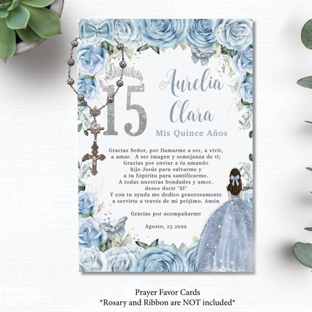 Baby blue Blommigt Flickgown Quinceañera Prayer Ca Tilläggskort (baby blue roses floral rosary prayer card favors princess girl dress butterflies quinceanera printed)