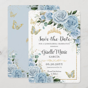Baby blue Blommigt Guld Quinceañera Butterflies Ar Spara Datumet