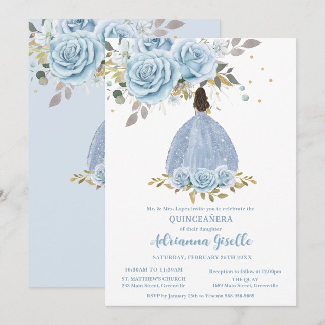 Baby blue Blommigt Guld Quinceanera Princess Girl Inbjudningar (Fram/baksida)
