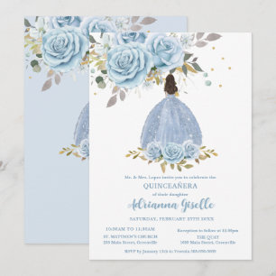 Baby blue Blommigt Guld Quinceanera Princess Girl Inbjudningar