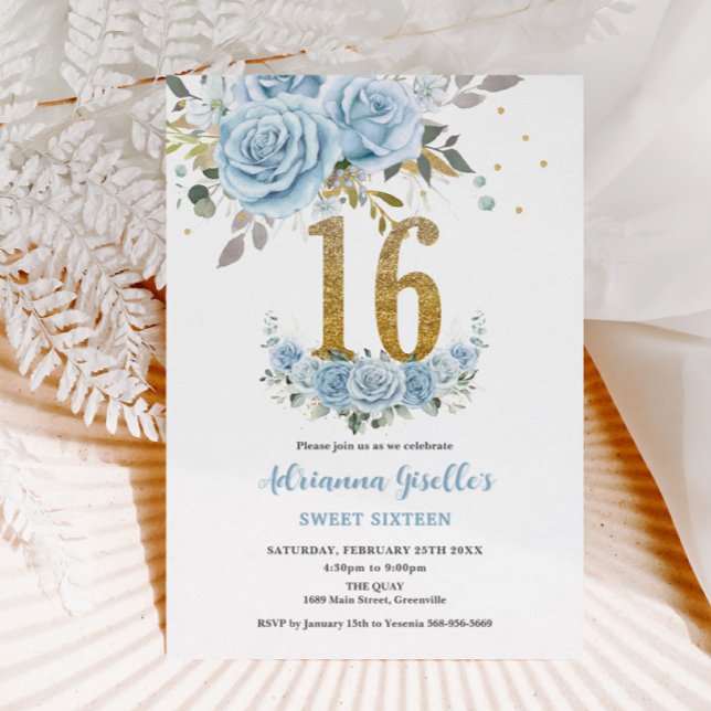 Baby blue Blommigt Guld Sweet 16 Sexton födelsedag Inbjudningar (Skapare uppladdad)