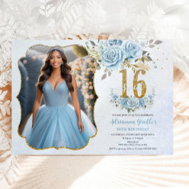 Baby blue Blommigt Guld Sweet sixteen födelsedagsf Inbjudningar